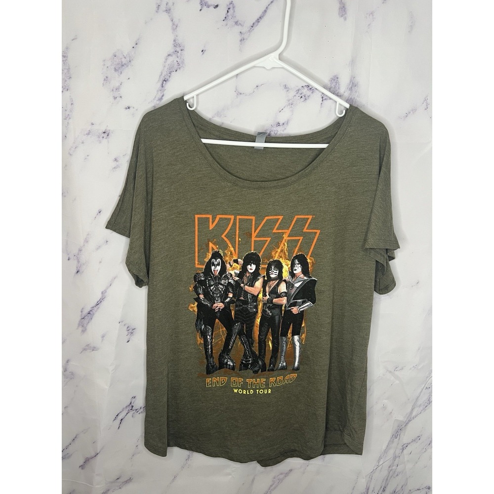 KISS Women's Dark Green Band Logo Short Sleeve Top